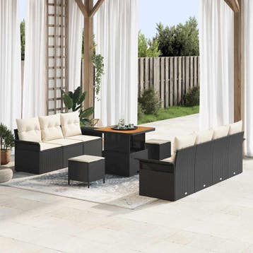 vidaXL Tuinbankenset met kussen 10 pcs Zwart poly rattan, Tuin en Terras, Tuinsets en Loungesets, Verzenden, Nieuw, Rotan, Meer dan 8 zitplaatsen