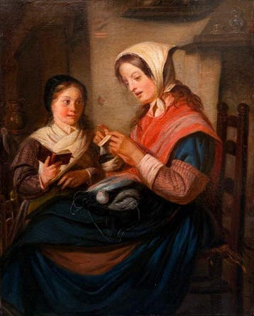 Franse school (XIX) - La Leçon de couture – Mère et fille