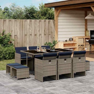 vidaXL 11-delige tuinset met kussens, grijs polyrotan, Verzenden, Nieuw, Meer dan 8 zitplaatsen, Tuinset
