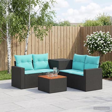 vidaXL Bankstel 6 st Zwart en Blauw Poly Rattan en Staal, Verzenden, Nieuw