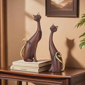 Decoratief ornament (2) - Set of 2 Wood Effect Resin Cat, Antiek en Kunst