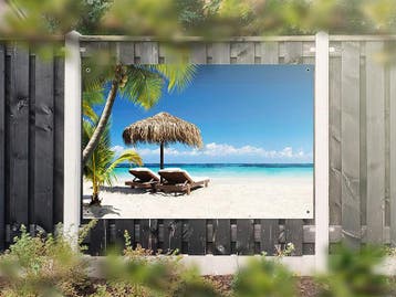 NR 1314: Tuinposter Tropisch strand met ligstoelen 120x180cm, Nieuw