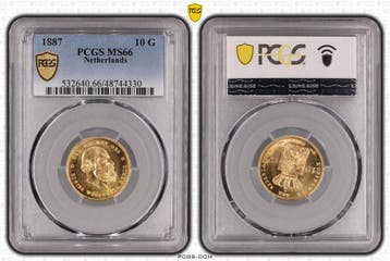 Gouden Willem III 10 gulden 1887 MS66 PCGS gecertificeerd, Koning Willem III, Verzenden, Goud, Losse munt