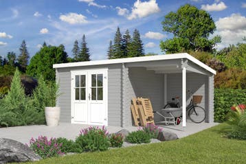 Outdoor Life Blokhut Tampa met Overkapping Platinum Grey-Wit, Tuin en Terras, Tuinhuizen, Nieuw