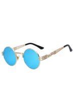 Ronde Zonnebril Steampunk Heren Goud Montuur Rond Blauwe Spi, Ophalen of Verzenden, Nieuw, Blauw
