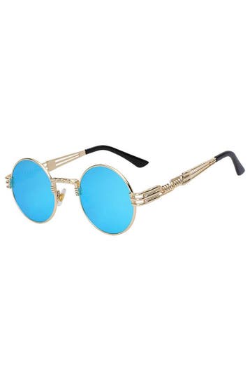KIMU® Ronde Zonnebril Steampunk Heren Goud Montuur Rond Blau, Ophalen of Verzenden, Nieuw, Blauw