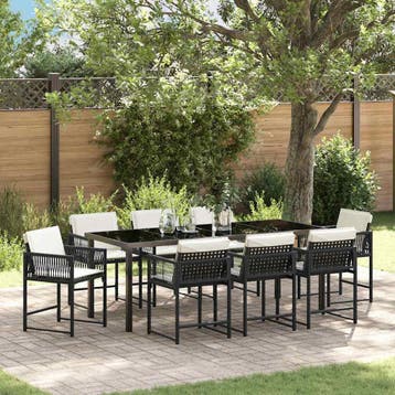 vidaXL Tuin eettafelset 9 pcs Zwart poly rattan, Verzenden, Nieuw, Rotan, Meer dan 8 zitplaatsen