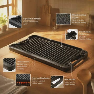 Omkeerbare Gietijzeren Grillplaat/Bakplaat 492x218mm - Draag, Verzenden, Nieuw