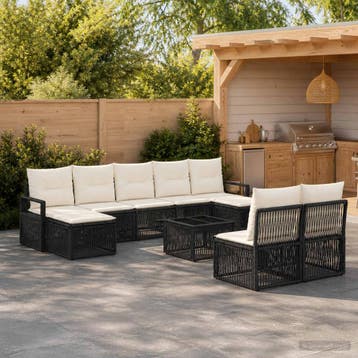 vidaXL Tuinbankenset 10 st Zwart poly rattan, Verzenden, Nieuw, Meer dan 8 zitplaatsen