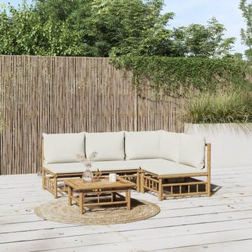 vidaXL 5-delige Loungeset met kussens bamboe crèmewit, Verzenden, Nieuw, Hout, Loungeset