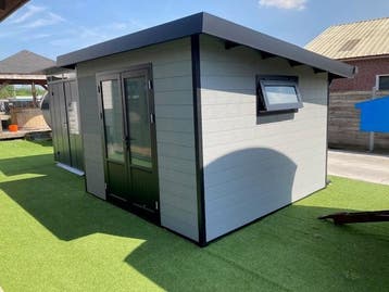 ACTIE!! COMPOSIET TUINHUIS 602x303CM ONDERHOUDSVRIJ 28mm.!!, Kunststof, 200 tot 400 cm, Tuinhuis, Nieuw