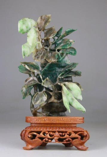 Vaas Sculptuur - Roos - Sokkel en rozenhout - Steen, Jade