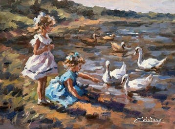 Francis Cristaux (1950) - Fillettes et les Cygnes au bord du