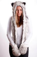 Hood Grijze Wolf Muts met Sjaal Wanten en Oortjes Faux Fur G, Ophalen of Verzenden, Nieuw