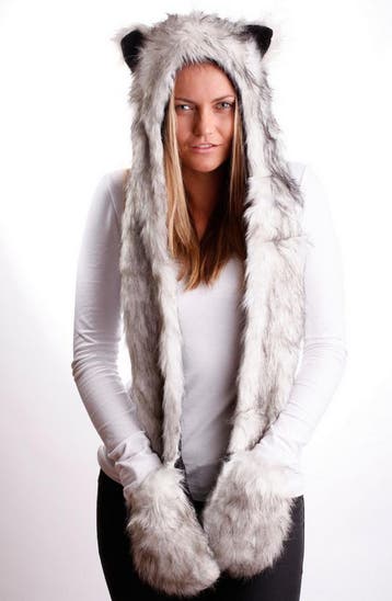 KIMU® Hood Grijze Wolf Muts met Sjaal Wanten en Oortjes Faux, Ophalen of Verzenden, Nieuw