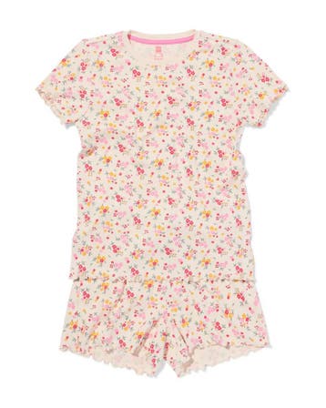 HEMA Kinder shortama rib bloemen gebroken wit, Verzenden, Nieuw