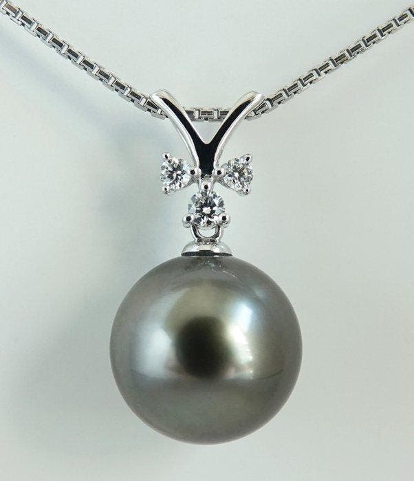 Hanger - 18 karaat Witgoud Parel - Diamant - Stormy, Sieraden, Tassen en Uiterlijk, Antieke sieraden