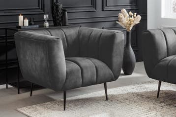 Retro fauteuil NOBLESSE 105cm grijs fluweel zwart metalen, Ophalen of Verzenden, Nieuw