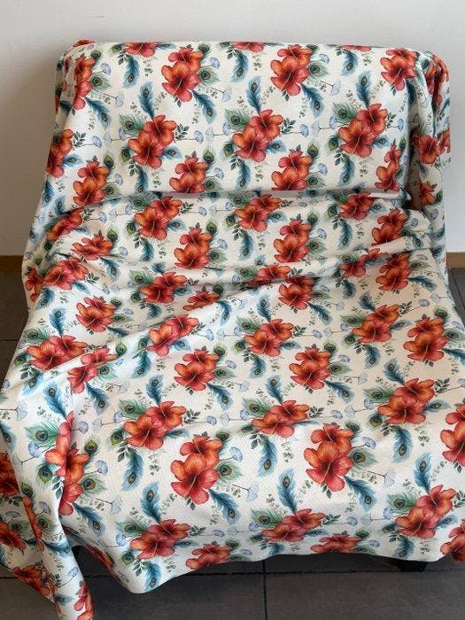 500 x 140 cm – Katoen Oeko-Tex met Tropische Bloemen en, Antiek en Kunst, Antiek | Kleden en Textiel