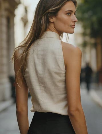 Mouwloze Linnenmix Top met Opstaande Kraag en V-hals - Relax, Kleding | Dames, Verzenden, Nieuw