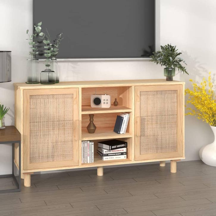 vidaXL Dressoir 105x30x60 cm massief grenenhout en rattan, Huis en Inrichting, Kasten | Dressoirs, 25 tot 50 cm, Nieuw, 100 tot 150 cm