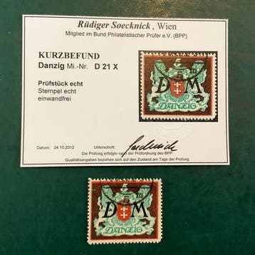 Danzig 1922 - Dienst : 5 Mark Groot Wapenschild met befund, Gestempeld