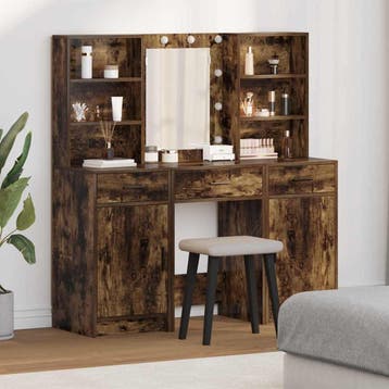 vidaXL Make-up tafel set met LED 3 st Gerookt eiken Bewerkt, Verzenden, Nieuw