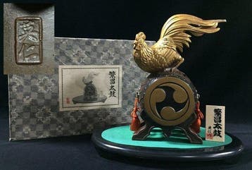 Vintage Japanese Bronze Rooster on Drum Figurine - Hanjo
