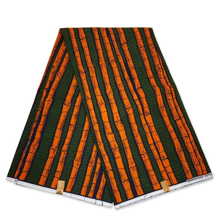 VLISCO stof Hollandais Afrikaanse Wax print - Groen / Oranje, Hobby en Vrije tijd, Stoffen en Lappen, Nieuw, Ophalen of Verzenden