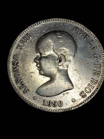 Spanje. Alfonso XIII. 5 Pesetas 1890 MPM (Zonder