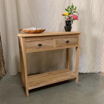 Sidetable - 80 x 30 cm - 2 lades - Teakhout - TTM Wonen, Huis en Inrichting, Tafels | Sidetables, 50 tot 100 cm, Teakhout, Nieuw