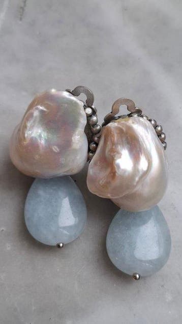 Parel - Zilver - Oorbellen - Aquamarijn en parels, Verzamelen