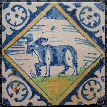 Tegel - Antieke kwadraattegel met bok. - 1550-1600