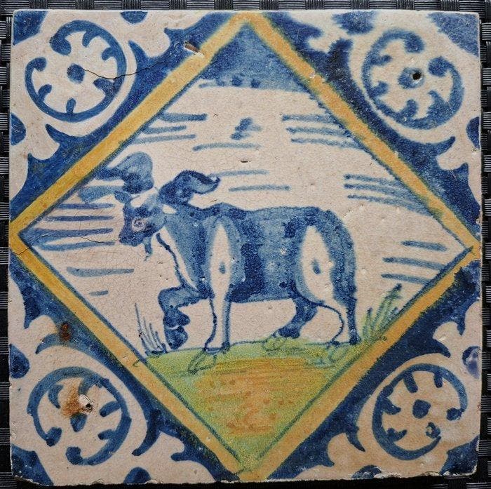 Tegel - Antieke kwadraattegel met bok. - 1550-1600, Antiek en Kunst, Antiek | Glas en Kristal