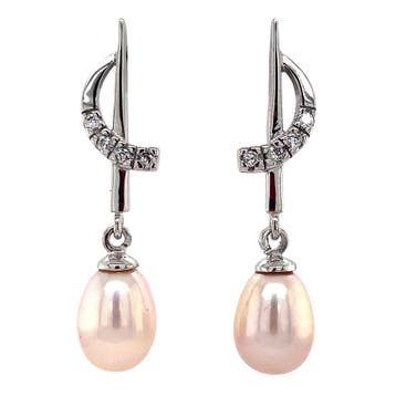Witgouden oorstekers met parel en zirkonia 14 krt, Sieraden, Tassen en Uiterlijk, Oorbellen, Verzenden, Zo goed als nieuw, Goud