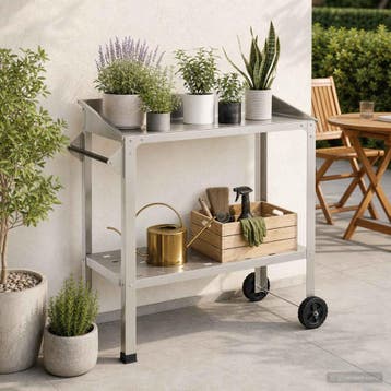 vidaXL Pottafel met Wielen 96 x 50 x 89 cm Roestvrij staal, Verzenden, Nieuw
