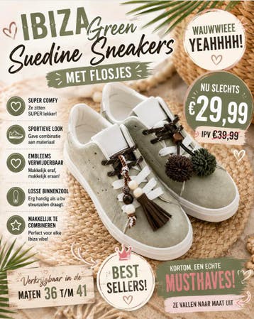 Ibiza Green Suedine Sneakers met Flosjes mt 36 t/m 41, Kleding | Dames, Ophalen of Verzenden, Nieuw, Groen, Sneakers of Gympen