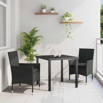 vidaXL Tuin eettafelset met kussen 3 pcs Zwart poly rattan, Verzenden, Nieuw, Rotan, 3 zitplaatsen