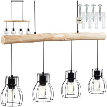 Hanglamp Woody, 4-lichts, met houten balk, 40 W, Verzenden, Nieuw