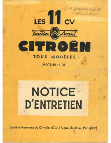 1955 CITROËN TRACTION AVANT INSTRUCTIEBOEKJE FRANS, Auto diversen