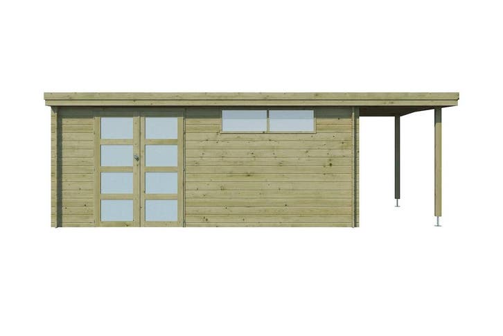 Woodlands Blokhut Oregon met Overkapping Geïmpregneerd 655 x, Tuin en Terras, Tuinhuizen