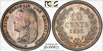 Koningin Wilhelmina 10 cent 1892 MS66 PCGS gecertificeerd, Postzegels en Munten, Verzenden, Zilver, 10 cent, Koningin Wilhelmina