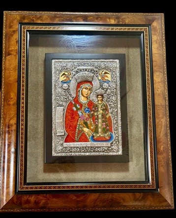 Oosters-orthodox icoon met luxe lijst - Maagd Maria met Kind, Antiek en Kunst