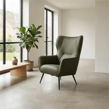 Leren fauteuil Flair - Toledo Olive (olijf/goen), Eigentijds, Modern, Retro, Romantisch, Nieuw, Ophalen of Verzenden, 75 tot 100 cm