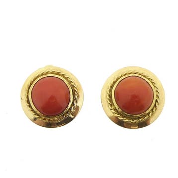 Gouden oorclips met bloedkoraal. (Oorbellen), Sieraden, Tassen en Uiterlijk, Oorbellen, Gebruikt, Ophalen of Verzenden, Met edelsteen