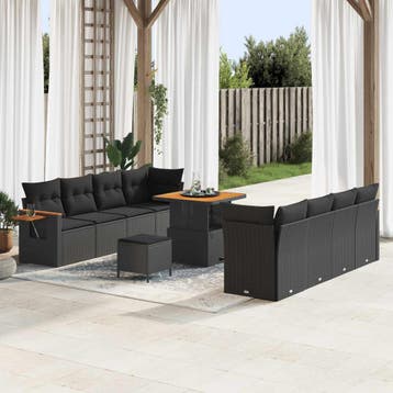 vidaXL Tuinbankenset 11 st Zwart poly rattan, Verzenden, Nieuw, Rotan, Meer dan 8 zitplaatsen