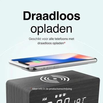 Houten Digitale Wekker met Draadloos Opladen, Verzenden, Zo goed als nieuw
