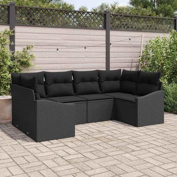 vidaXL Bankstel met kussen 6 pcs Zwart poly rattan, Verzenden, Nieuw, Rotan, 6 zitplaatsen