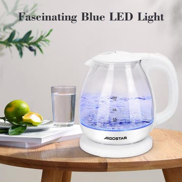 Waterkoker glas - met LED - 1L - 2200W - Wit - Aigostar •, Verzenden, Zo goed als nieuw