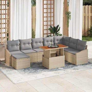 vidaXL Tuin Sofa Set 9 st Beige Poly riet, Verzenden, Nieuw, Rotan, Meer dan 8 zitplaatsen